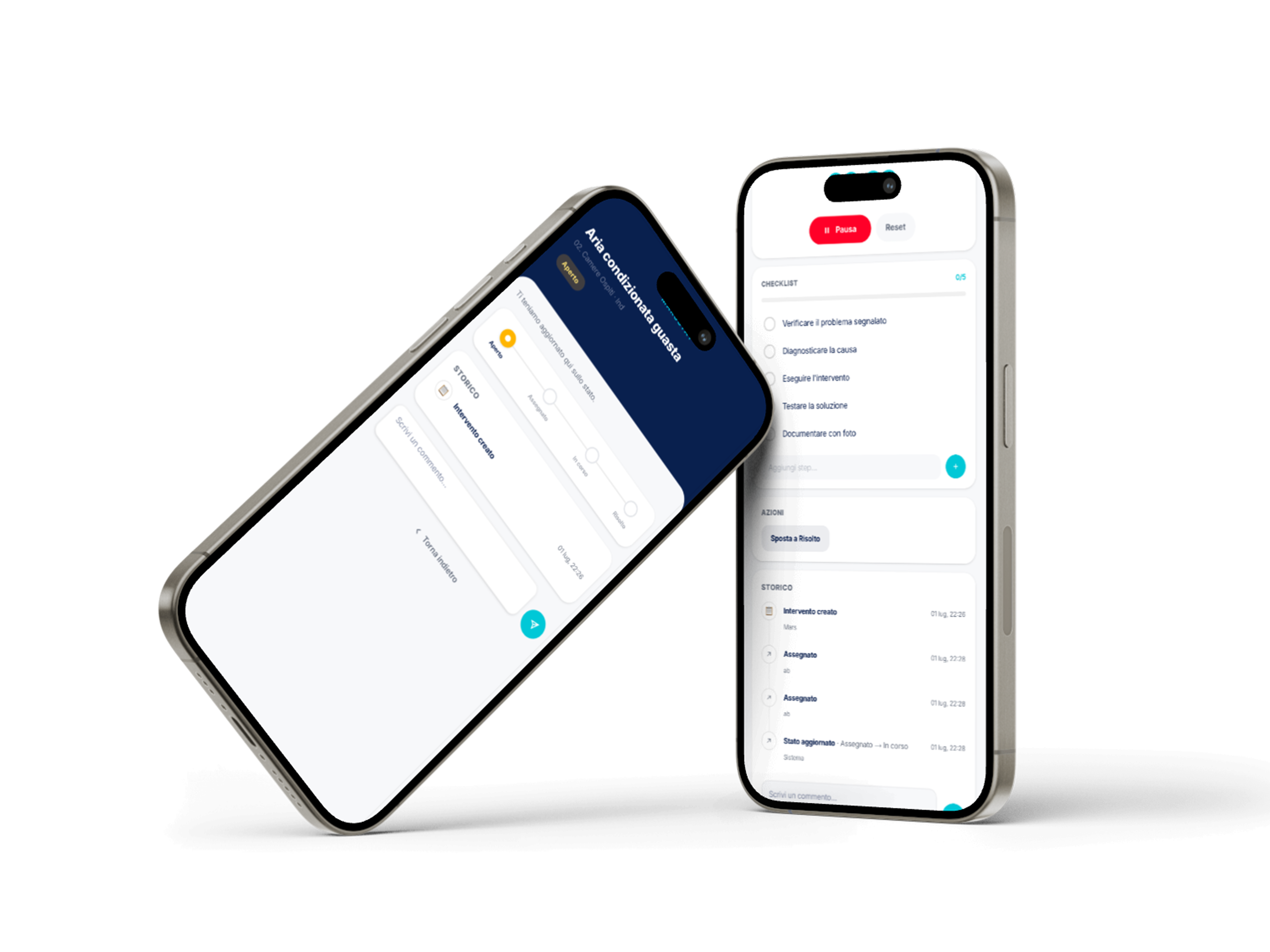 Dettaglio ticket manutenzione con checklist e storico su smartphone